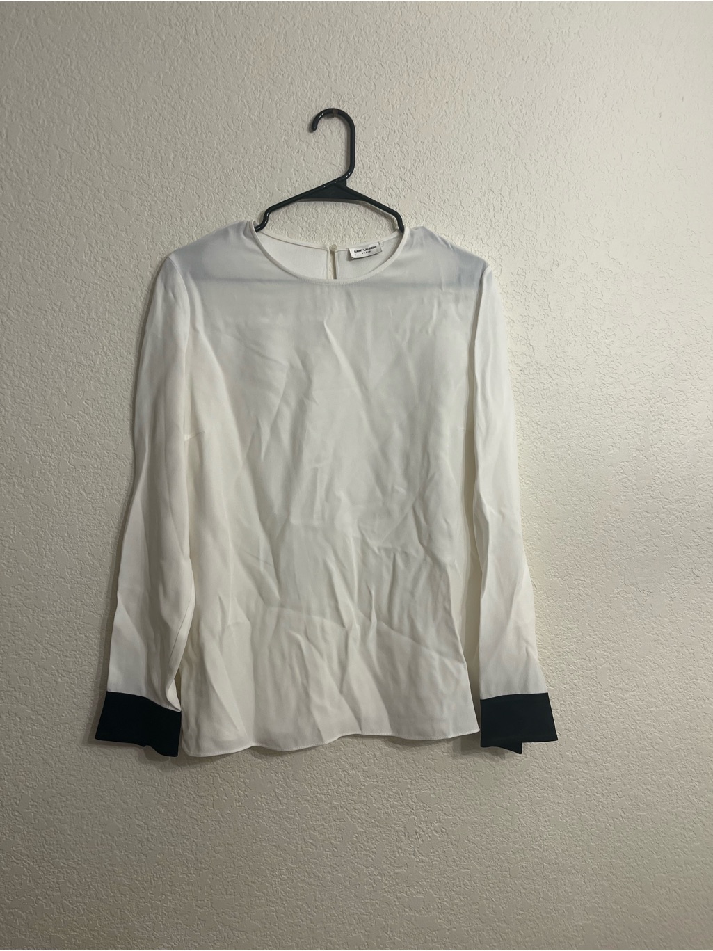 Saint Laurent White Crewneck Silk Blouse With Button Back